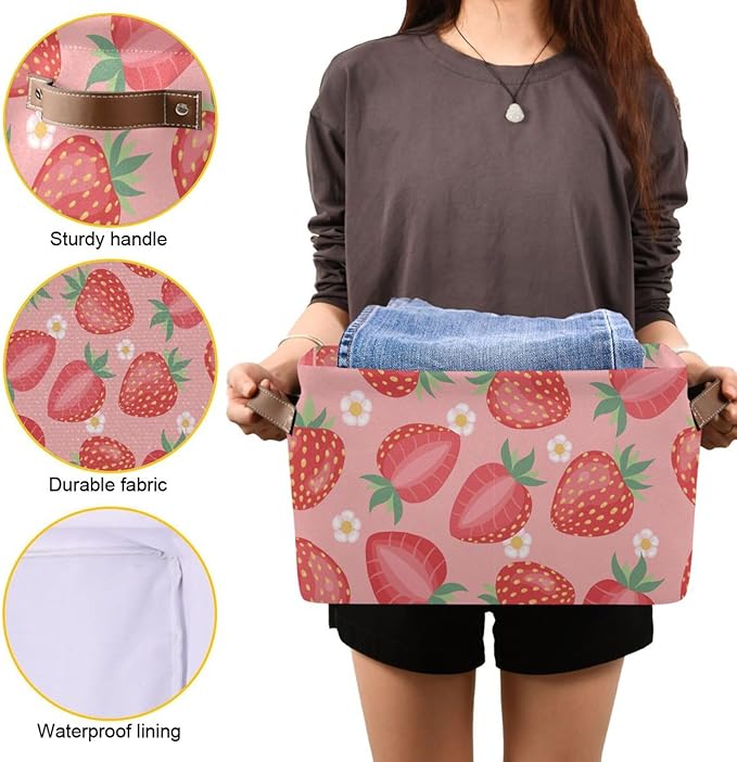 Aslsiy Storage Basket - Fresh Strawberry Pink Nursery Bins Baby Box Canvas Clothes Shelf Laundry Hamper Gift Basket for Home Closet - 1 Pcs