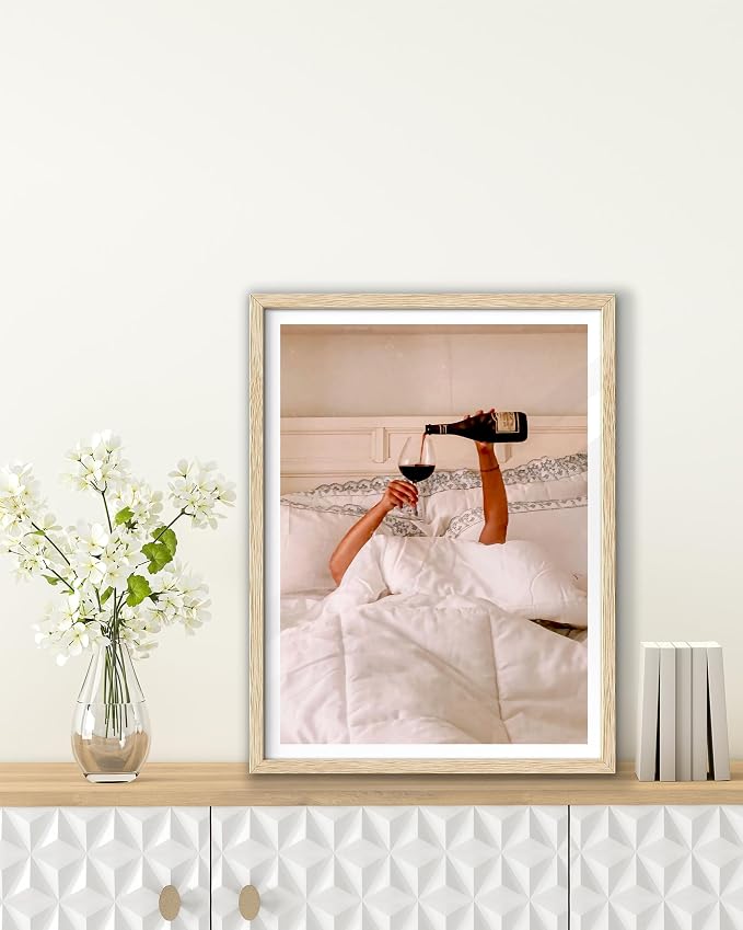 EcoHest 12x16 in Woman Drinking Wine in Bed Canvas Art | Unframed Canvas Print, Feminist Wine Wall Decor for Bedroom, Bathroom, Apartment, Dorm Room, College Room, 1Pack