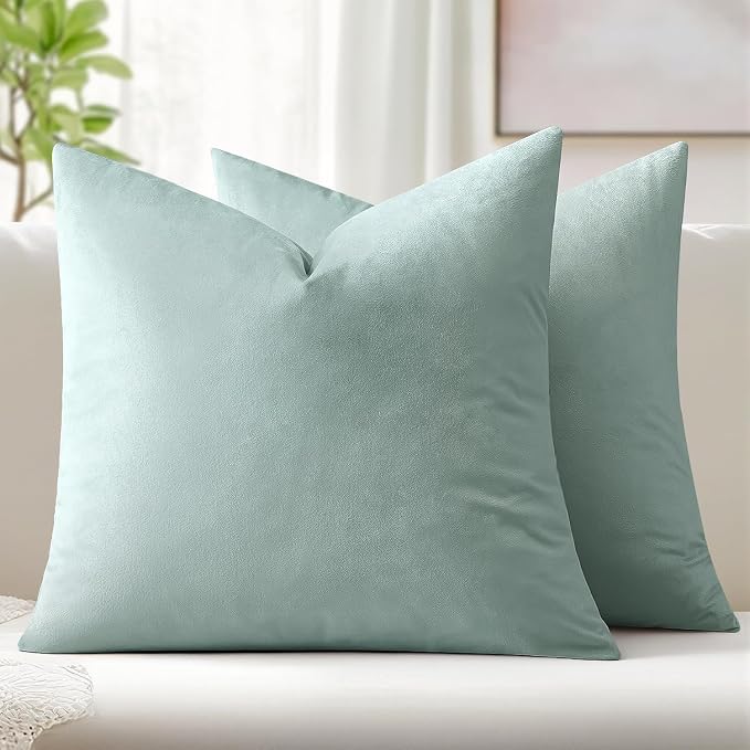 MIULEE 24x24 Inch Pack of 2 Euro Velvet Throw Pillow Covers Aqua Haze | Soft Solid Decorative Euro Sham, Modern Luxury Home Decor, for King Bed Sofa Couch Bedroom Livingroom