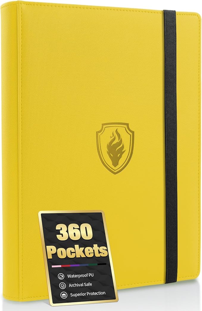 Premium 9 Pocket Card Binder for 360 Cards, Fabmaker PU Cover Trading Card Binder, Sturdy Card Collection Album, Sleek Card Holder Folders for Game Cards & Sports Cards, Yellow