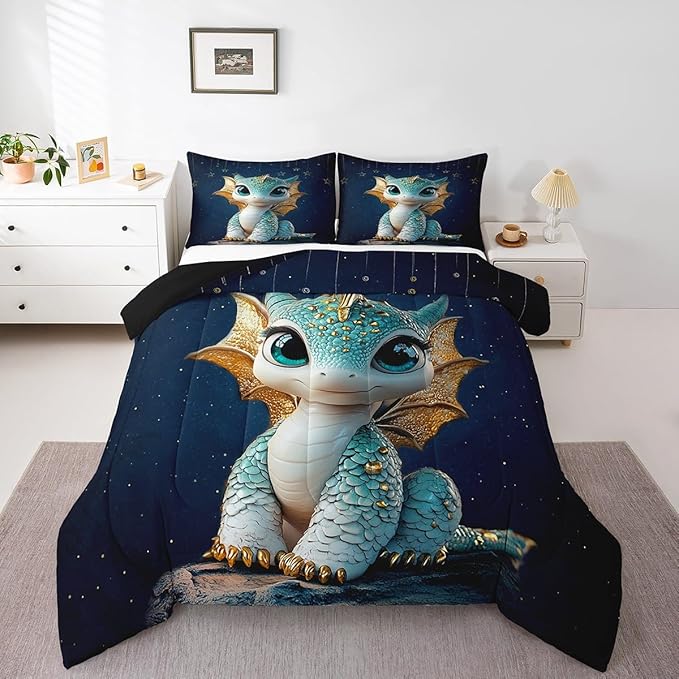 Feelyou Dragon Comforter Set Full Size Dragon Stuff Comforter for Boys Girls Teens Wild Life Bedding Set Dragon Decor Duvet Set Room Decor Navy Blue Quilt Set