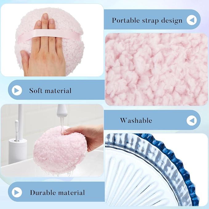Tioncy 2 Pcs Extra Large Dusting Powder Puff and Container for Women-6'' Glass Crystal Dusting Powder Container with Body Soft Washable Reusable Velour Face(Blue,Classic)