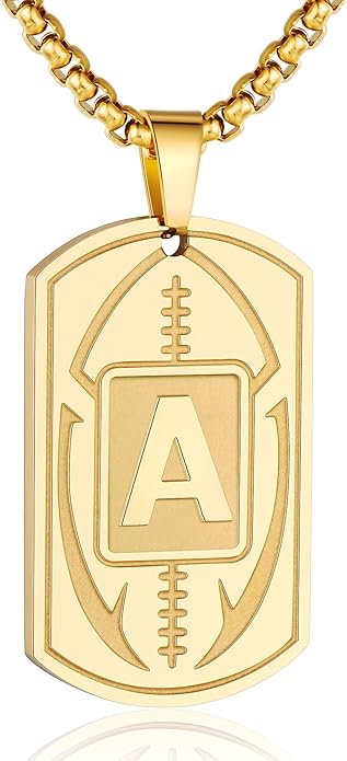 Initial A-Z Dog Tag Necklace for Men - Football Charm Pendant, Stainless Steel Chain 22+2 Inches, Personalized Sports Athletes Jewelry Gift