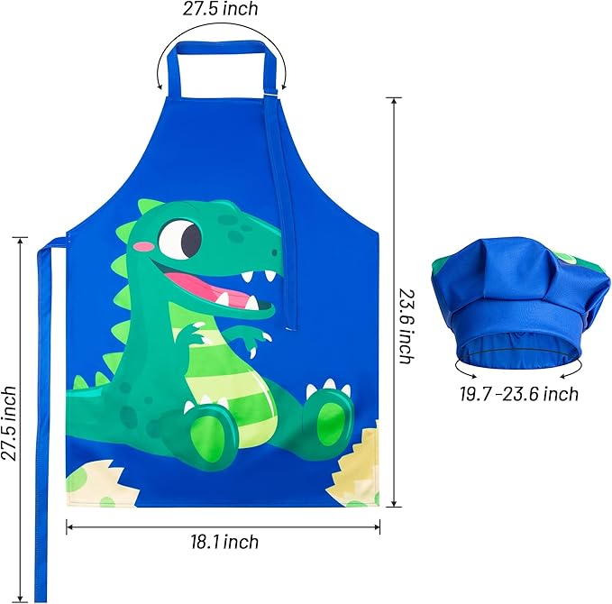 R HORSE 2 Pcs Kids Aprons Chef Hat Sets Adjustable Blue Cute Dinosaur Kitchen Aprons Cooking Baking Painting and Training Kits Dress up Role Play Chef Toy Kid Funny Cooking Gift New Year(3-5 Years)