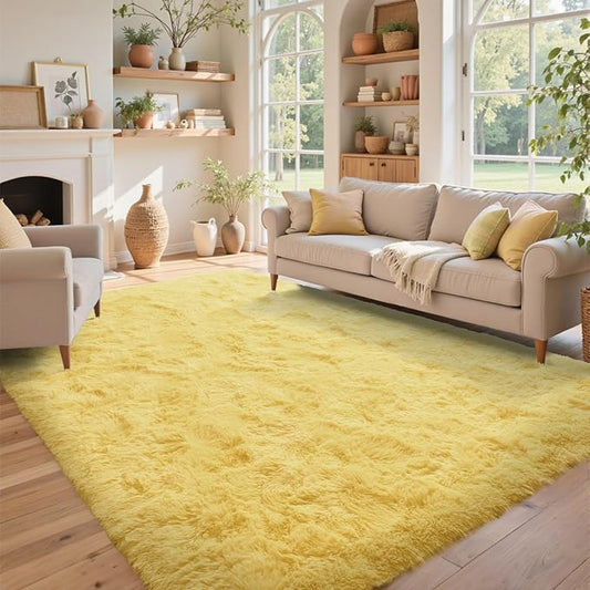 5x7 Yellow Rug for Living Room Shag Area Rugs Fluffy Bedroom Plush Carpet Thick Non Slip for Nursery Kids PlayRoom Home Decor Aesthetic