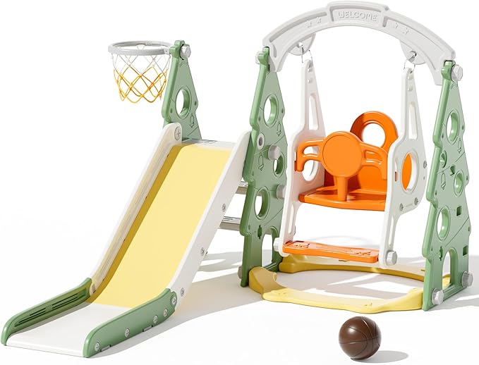 KORIMEFA 4-in-1 Kids Slide and Swing Set, Toddler Slide with Basketball Hoop, Swing, Outdoor Indoor Playground for Toddlers 1-3 Pine Shape Design(4 in 1-Green)
