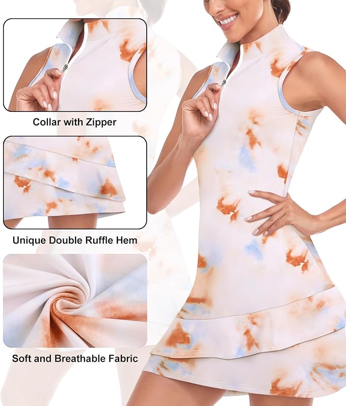 Viracy Tennis Dress for Women Sleeveless Golf Dresses with Shorts and Pockets Ruffle Zip Up Stand Collar Golf Outfits