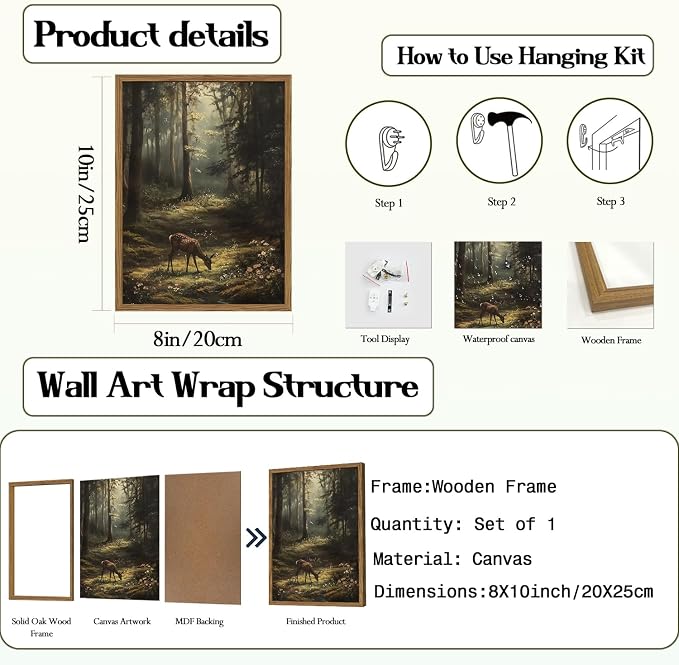Framed Vintage Forest Deer Canvas Wall Art, Rustic Nature Landscape Paintings Wall Decor, Woodland Animal Pictures Prints Cottagecore Home Decor for Living Room Bedroom Office 8x10inch