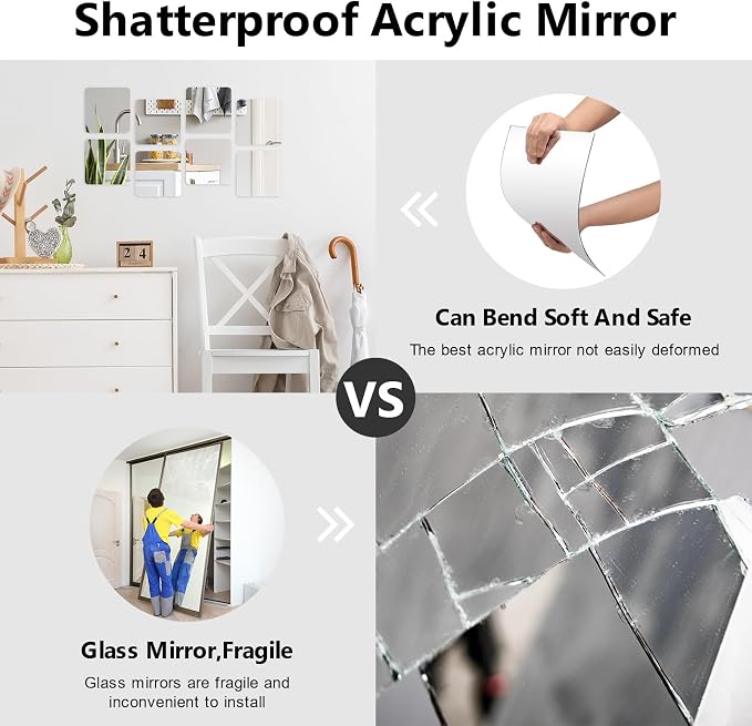 Shiftshade Wall Stickers - Unbreakable Self-Adhesive Mirror Tiles for Bedroom, Home, Gym, Door - Acrylic Shatterproof Sheets, Panels (8x8 Inch, 4 Pcs)