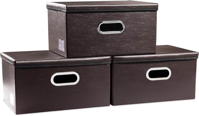 Collapsible Storage Box with Lid [3-Pack] Leather Fabric Foldable Storage Bin Organizer Container Basket Cube with Cover for Home Bedroom Closet Office Nursery Brown(13.6x9.6x6.9)