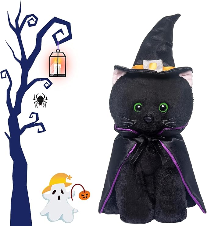 My OLi Halloween Black Cat Plush Toy - Soft Stuffed Black Cat with Witch Hat and Cloak - Spooky Halloween Party Decoration & Stuffed Animal Gift for Kids Toddlers