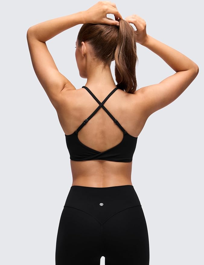 CRZ YOGA Butterluxe V Neck Twist Cross Back Sports Bras for Women - Adjustable Spaghetti Straps Padded Crop Yoga Top