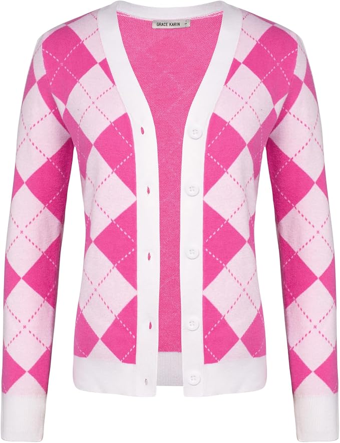 GRACE KARIN Womens Cardigan Sweater Fall Fashion Argyle Sweater Button Up Cardigan Teacher Outfits Preppy Clothes