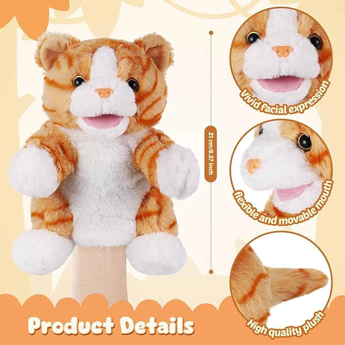 Animal Hand Puppets 11 Inch Sea Turtle Plush Dinosaur Animals Hand Puppet Toys Role-Play Toy Puppets for Kids Storytelling Imaginative Pretend Play Teaching Preschool(Cat)