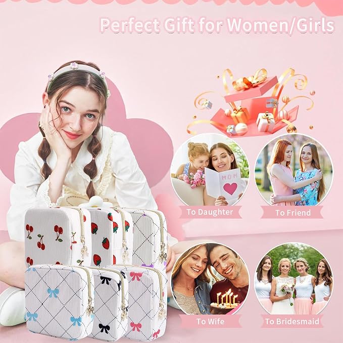 Period Bag for Women, Portable Corduroy Sanitary Napkin Storage Bag Cherry Period Pouch with Zipper, Sanitary Pads Bag Tampons Holder for Purse, First Period