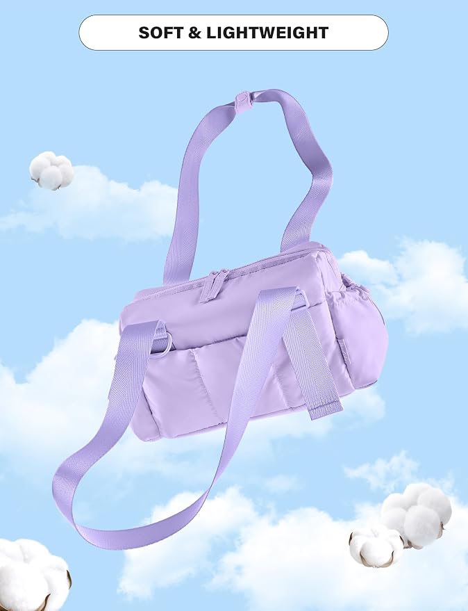 Uselike Small Gym Bag for Women, 7L Mini Duffle Bag for Travel, Lightweight Quilted Puffer Bag for Daily, Cute Shoulder Bag for Dance with Wet Pocket (Lavender Purple)