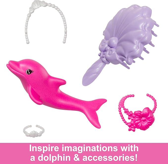Barbie Mermaid Doll, “Brooklyn” with Pink Hair, Styling Accessories, Pet Dolphin and Water-Activated Color Change Feature, HRP98