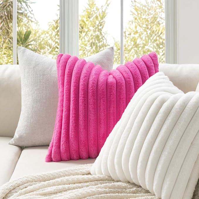 MIULEE Faux Fur Decorative Throw Pillow Covers 18x18 Set of 2 Hot Pink | Retro Vintage Boho Soft Plush Couch Pillows, Cozy Fluffy Cushion Covers for Sofa Bed Living Room Home Decor