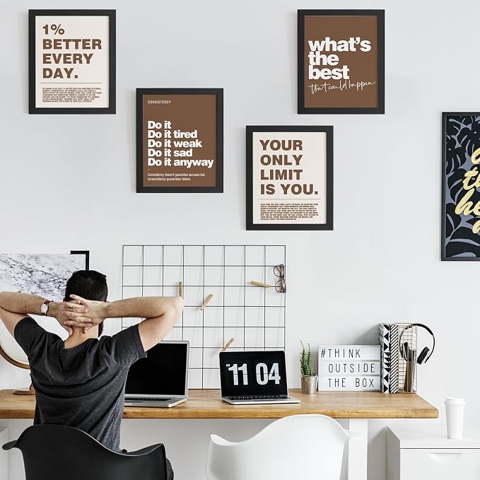 DSHFG Motivational Inspirational Office Wall Art Decor Prints Brown | Office Motivational Wall Decor Trendy Retro Positive Affirmations Quotes Wall Decor Posters, 8x10 Unframed Set of 4