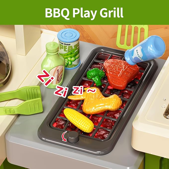 Kids Kitchen Playset, Play Kitchen with Electric Stove, Grill, Sink, Play Food, ToyKitchen Accessories, Kitchen Interactive Play with Lights Sound Steam, Cooking Toys for Toddler Kid Gifts
