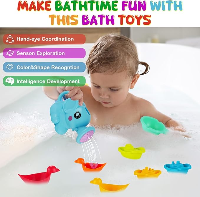 Baby Bath Toys for Kids,12 PCS Mold Free Bath Toys for Toddlers with Floating Boats,Watering Can,Floating Ducks & Bath Spoons, Bathtub Water Pool Toys for Babies and Toddlers