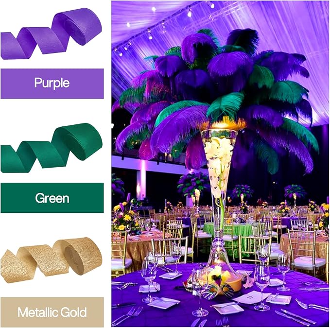 PartyWoo Mardi Gras Crepe Paper Streamers 6 Rolls 492 ft Pack of Metallic Gold Purple and Green Crepe Paper for Mardi Gras Halloween Birthday Party Decorations (1.8 Inch x 82 Ft/Roll)