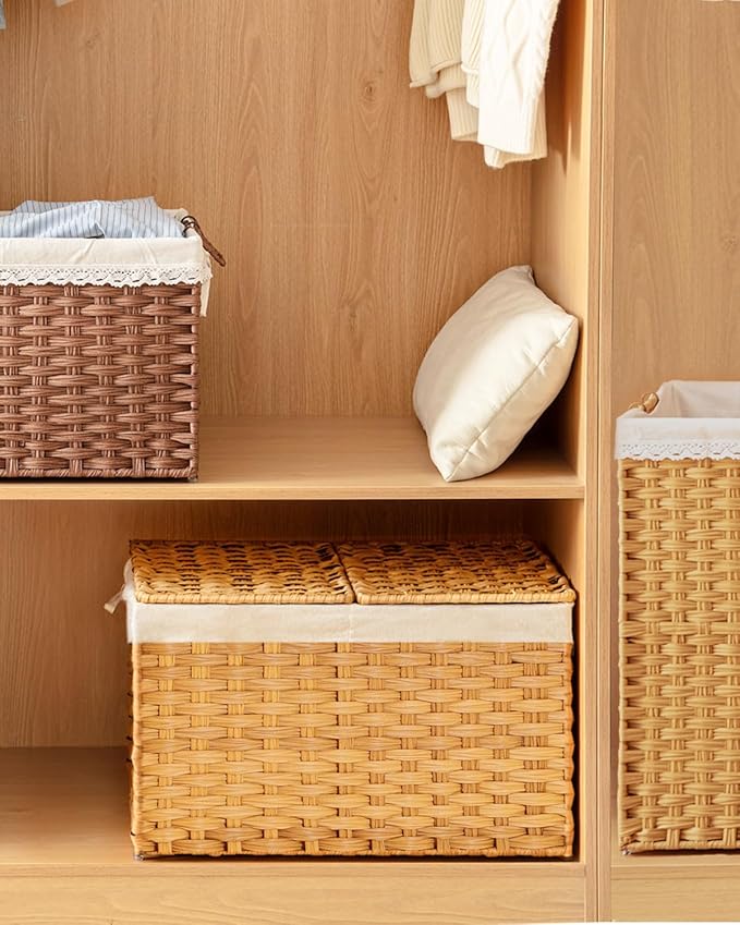 SETVSON Storage Basket with Lid, 2-Lid PE Rattan Storage Bin, Natural | 105L Storage Bin with 2 Separate Lids, 2 Removable Liners for Clothes & Blankets, Sturdy Metal Frame, PE Rattan