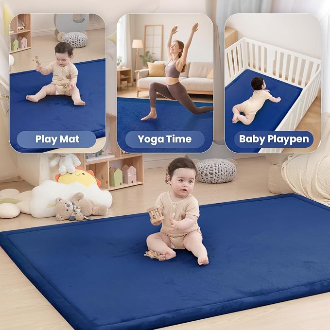 Large 79"x110" Baby Activity Play Mat for Floor,1.3" Thick Elasti Foam Cushion Mat for Tummy Time & Crawling,Non-Slip&Safe for Infants,Toddlers & Kids, for Living Room,Classroom & Playroom（Dark Blue)