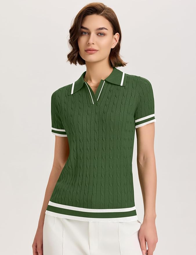 Micoson Womens Short Sleeve Sweater Tops Lapel V Neck Polo Shirts 2026 | Summer Cable Knit Loose Blouses, Business Casual Outfits
