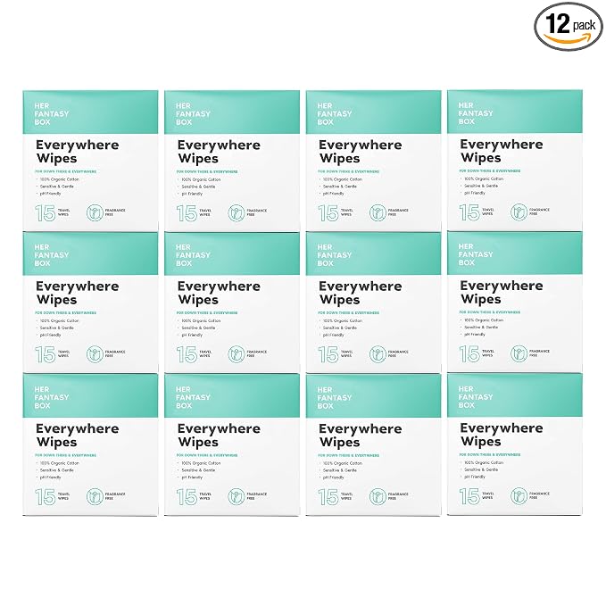 Her Fantasy Box | Everywhere Wipes – 100% Organic Cotton, Gentle & Refreshing, pH-Balanced, Fragrance-Free, Plant-Powered for Body, Face & Intimate Areas, Ideal for Sensitive Skin - 12 Pack, 180 Wipes