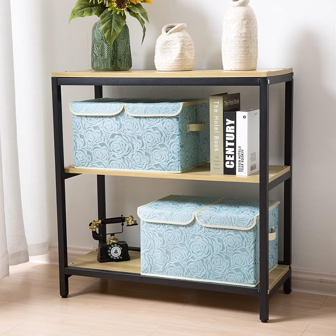 Large Stackable Storage Bins with Lids Fabric Decorative Storage Box Cubes Organizer Containers Baskets with Cover Handles Divider for Bedroom Closet Living Room 17.3x11.8x9.8 Inch 3 Pack