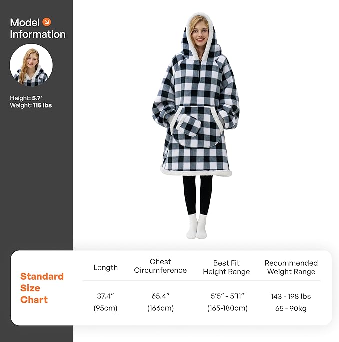 Giggling Getup Wearable Blanket Hoodie for Adults Gifts for Teen Girls Sister Women Sherpa Fleece Printed Hooded Blanket Sweatshirt Warm Cozy with Pocket & Sleeves Black Plaid