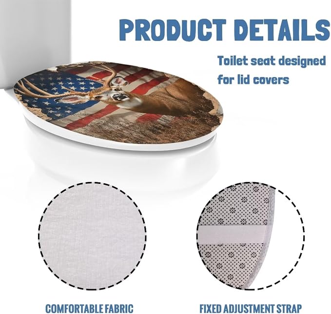 American Flag Deer Toilet Seat Cover for Bathroom 4th of July Decorations Patriotic Toilet Seat Pads Dust Cover Replacement Reusable Replacement Fabric Elastic,Easy to Clean