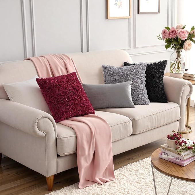 MIULEE Decorative Rose Flower Pillow Cover Pack of 1 Grey 12x20 Inch | Cute Romantic Stereo Chiffon Throw Pillow Cover Aesthetic Solid Pillowcase for Girl Coquette Room Decor Coach Bedroom