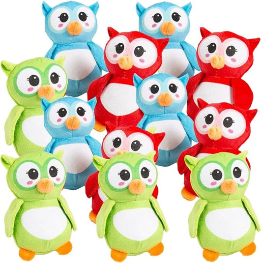 Fun Express Plush Owl Stuffed Animal Toys - 12 Pieces in Assorted Colors - Soft Plush