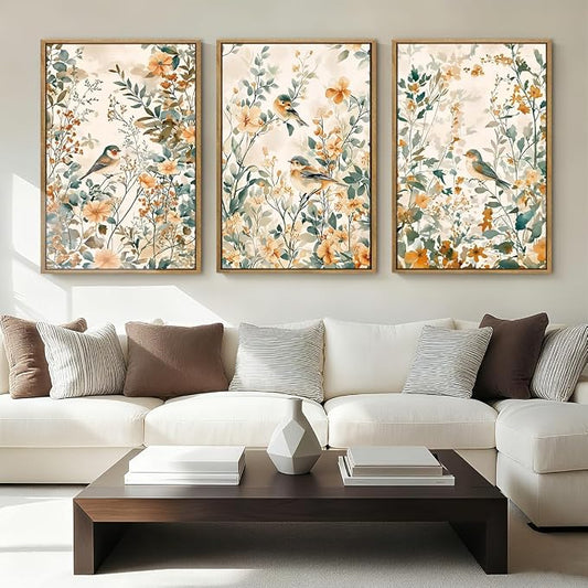 ANHUIB Large Vintage Floral Bird Framed Wall Art 16x24 Inch Beige Botanical Pictures Wall Decor Nature Wildflower Canvas Painting Set of 3 Retro Neutral Flower Artwork for Living Room Bedroom Barhroom