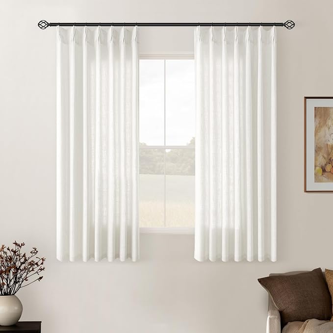 Beige White Pinch Pleat Linen Kitchen Curtains 45 Inches Long 2 Panels Set | for Small Kitchen Windows, Rustic Country Linen, Light Filtering Privacy Semi Sheer, Pinch Pleated Back Tab Curtains, W40xL45