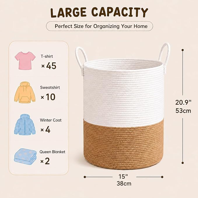 Baby Laundry Basket, Cotton Rope Nursery Hamper with Handles, Jute | Foldable decorative organizer for baby clothes, blankets and toys; tall shape saves space and suits nurseries or kids rooms.