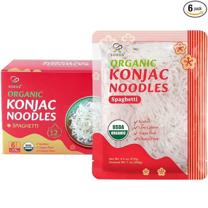 Soeos Organic Konjac Noodles, Spaghetti, 9.5oz (270g), 6 Packs, Kosher, Sugar Free, Gluten Free, Low Calorie, Low Carb Pasta, Shirataki Noodle