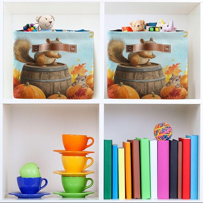 Aslsiy Storage Basket Fall Squirrel Pumpkins Maple Nursery Bins Blue Sky Baby Box Canvas Clothes Shelf Basket Laundry Hampers 2 Pcs