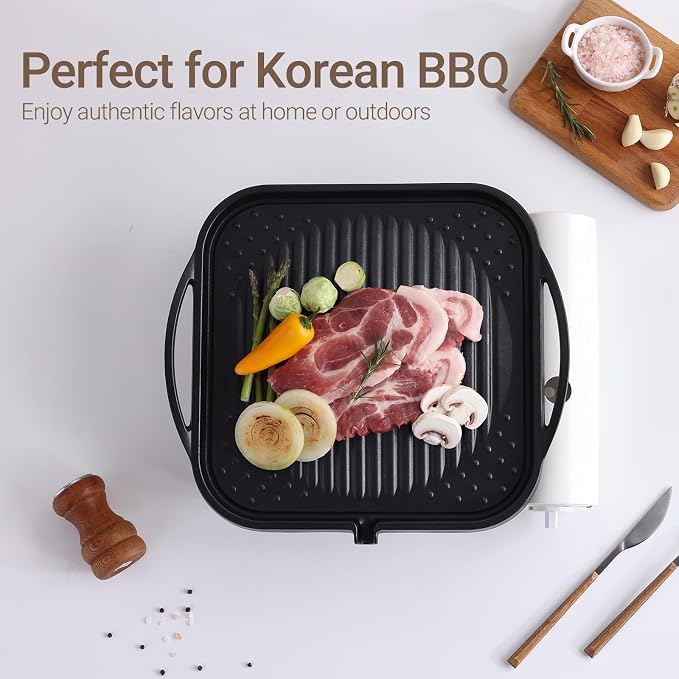 12in Nonstick BBQ Grill Plate – Cerastone Gold Marble Coated, Korean-Style Stovetop Griddle Pan for Indoor & Outdoor Cooking