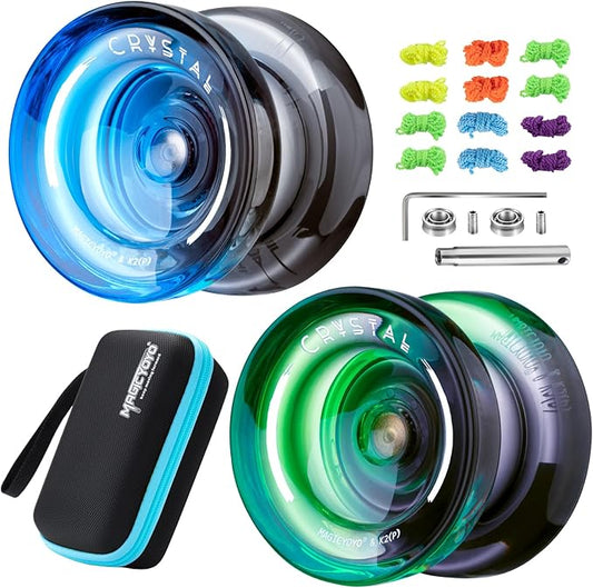 MAGICYOYO K2 Crystal Yoyo Pack of 2, Dual Purpose Responsive & Unresponsive Yoyo for Kids 8-12, Plastic Professional Yo Yo for Adults, Complete yo-yo Accessories Included (Black Green+Black Blue)