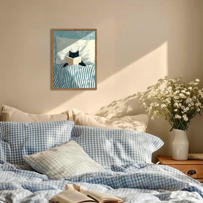 Framed Funny Black Cat Wall Art, Whimsical Cat in Stripe Bed Reading Wall Decor Painting Cute Animal Book Lover Poster Canvas Print for Bedroom Living Room 16x24 inch Wood Framed
