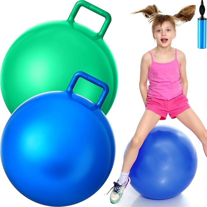 Lewtemi 2 Pcs 20 Inch Big Bouncing Ball with Handle Jumping Hopper Bouncy Ball for Adults Exercise and Air Pump for Outdoor Sports Game(Blue, Green)