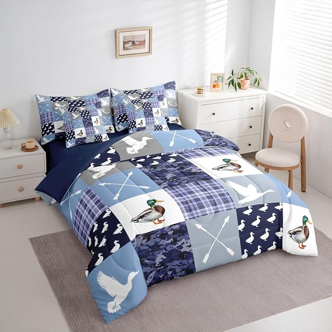 Feelyou Blue Hunting Camo Comforter Set with Sheets 7 Piece Full Size Camouflage Duck Bed in a Bag Kids Boys Girls Wild Animal Hunter Bedding Set Bedroom Decor Breathable Soft Lightweight Microfiber