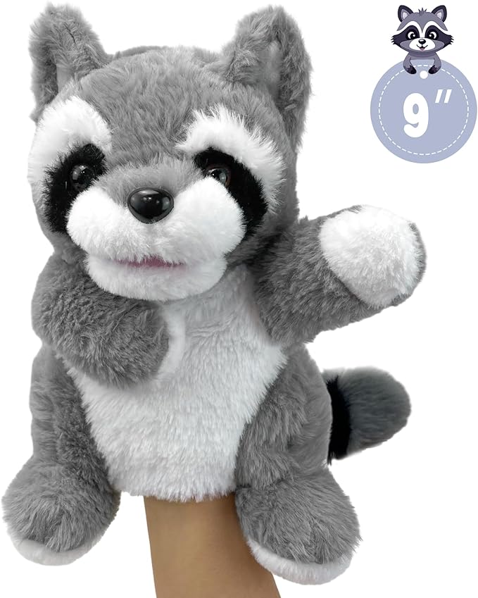 Hand Puppets Raccoon Puppets,9" Realistic Stuffed Animal Puppets for Toddlers Raccoon Stuffed Puppets for Kids with Movable Mouth,Raccoon Hand Puppets for Adults Hand Puppets for Toddlers 3