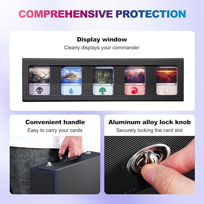UAONO Trading Card Storage Box with Commander Display, 5 Row Magic Card Box with Handle & Aluminum Alloy Locking for 3900+ Unsleeved Cards Suits for MTG PTCG TCG Sports Cards (Black Blue)