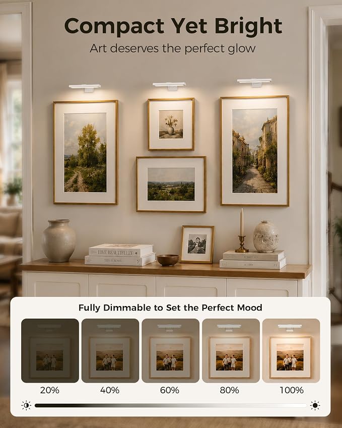 EZVALO Picture Light for Wall, Rechargeable 2400mAh Lights Wireless with IR Remote, 3 Color & Dimmable Magnetic 7.87'' LED Lights Display for Painting, Living Room, Gallery, Bedroom Art(White-2P)
