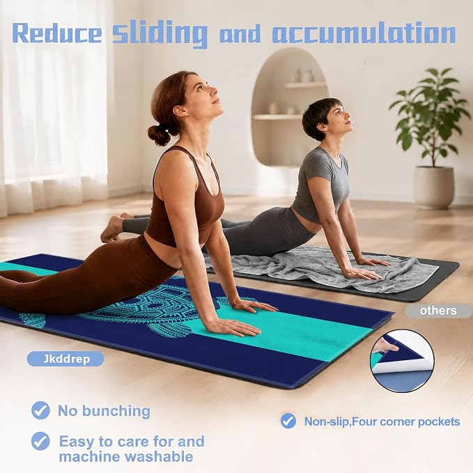Yoga Mat Towel, Hot Yoga Non Slip with 4 Corner Pockets, 74 x 26 in | Soft Absorbent Microfiber With Four Corner Pockets, Fits Over Yoga Mats For Hot Yoga, Pilates, Gym, And Travel