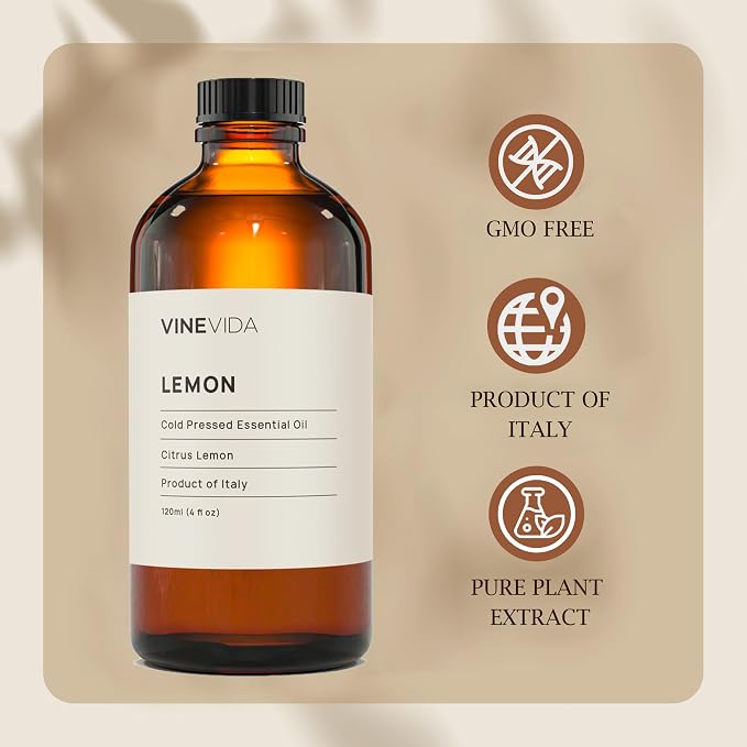 VINEVIDA Lemon Essential Oil 4 oz - Undiluted & DIY Candle Scents - Bulk Oil for Soap Making